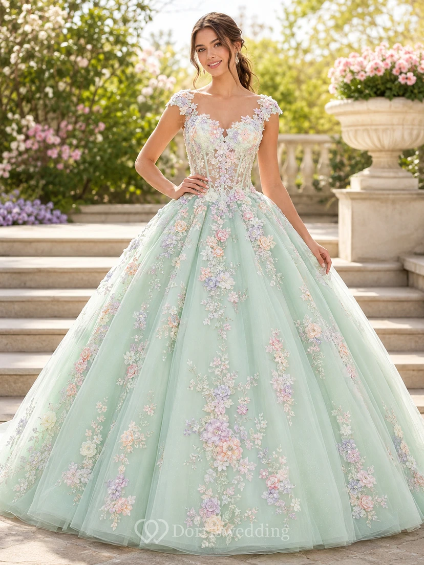 Robe de bal de princesse vert menthe à manches courtes et décolleté rond, en dentelle florale pastel, style printanier.