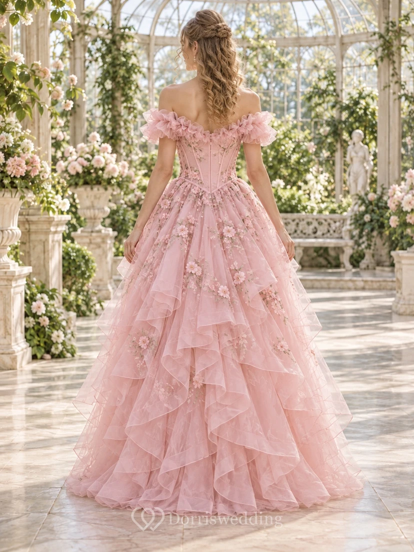 1980s Blushing Pink Off Shoulder Floral Tiered Tulle Prom Dress view 2