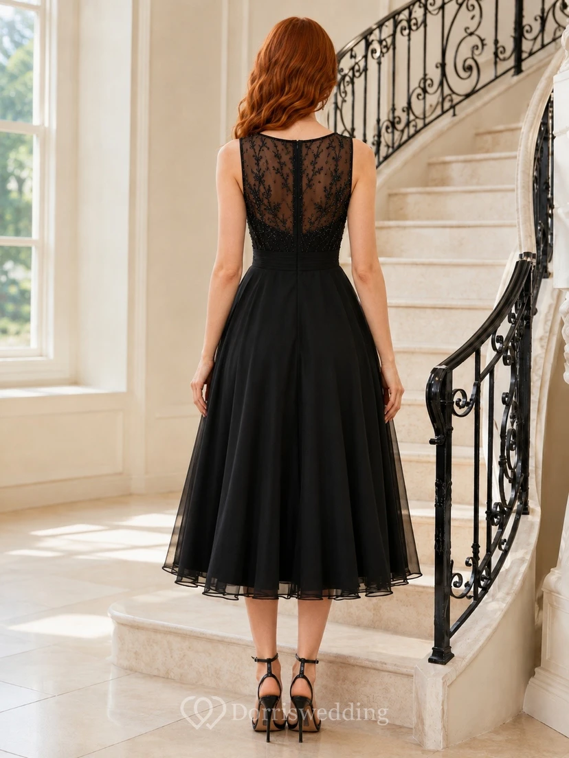 Black Lace V-Neck Sleeveless Illusion-Back Tea-Length Cocktail Dress view 2