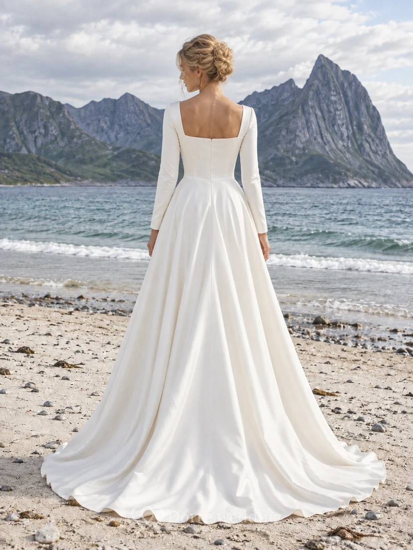 Simple Square Neck Long Sleeve Cotton Sateen Wedding Dress with Full A-Line Skirt view 2