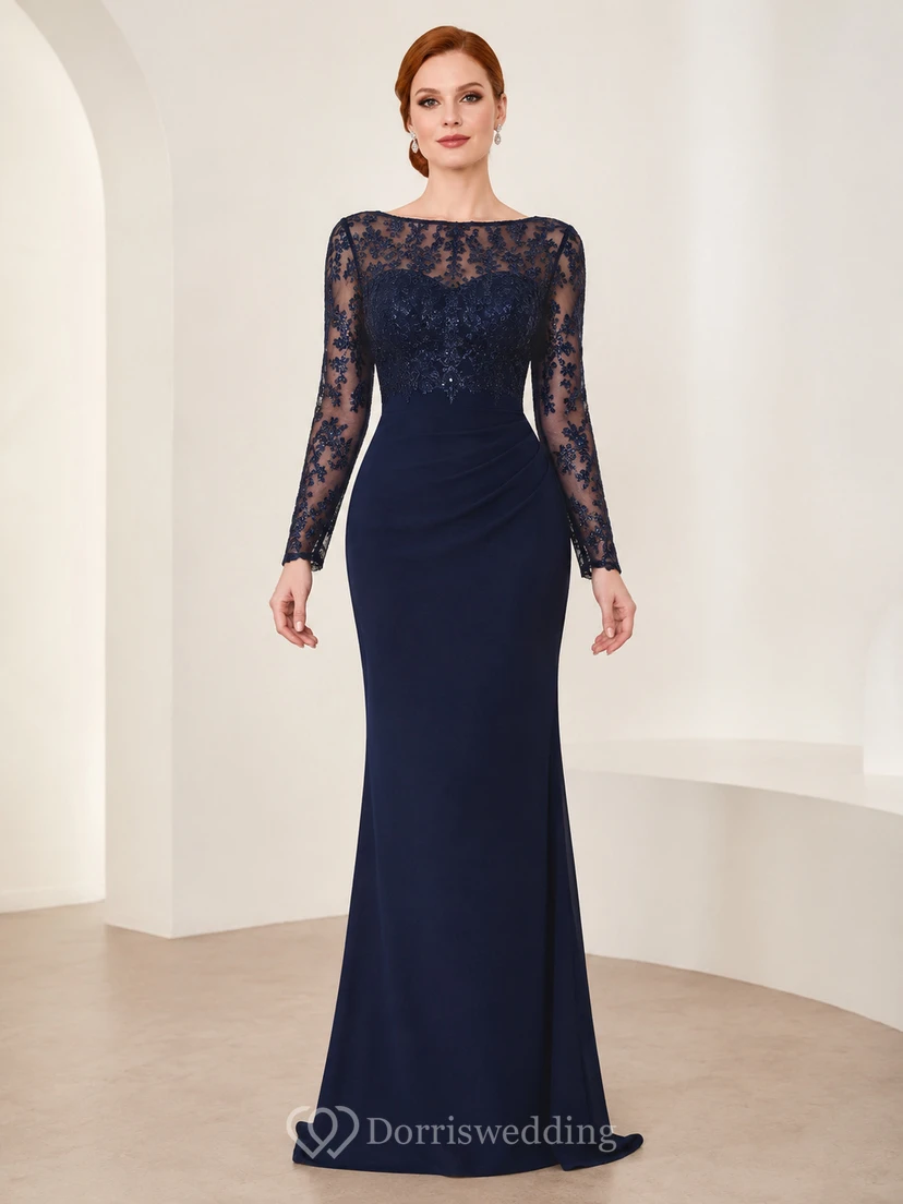 Dark Navy Illusion Lace Long Sleeve Evening Dress