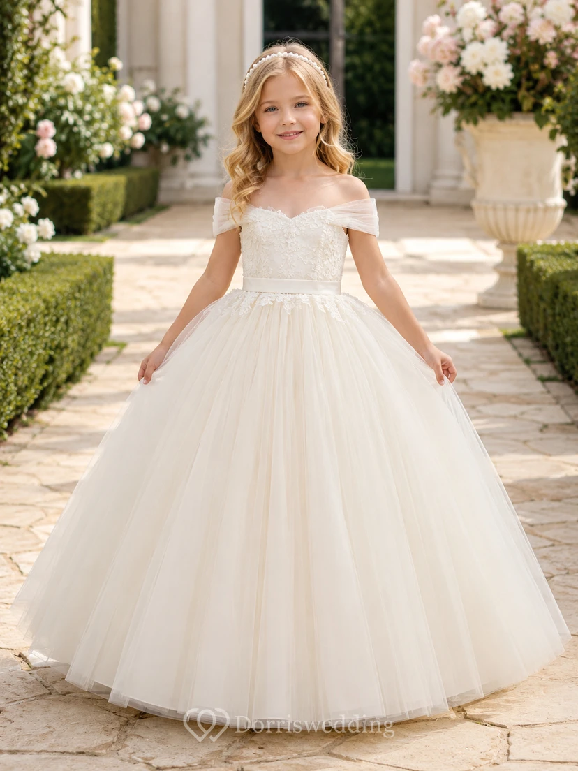 Flower Girl Dress Ivory Tulle Ball Gown Short Sleeve Off Shoulder Floor Length Pleated