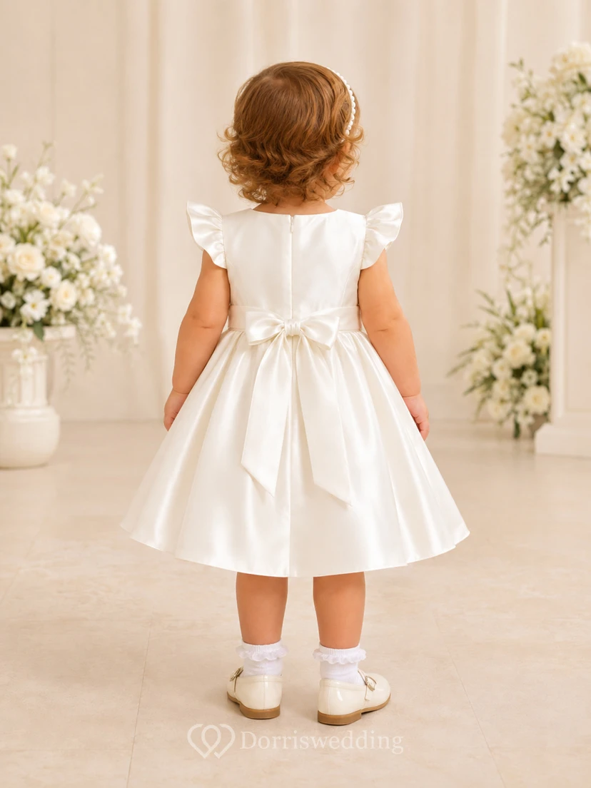 Short Sleeve Baptism Dress A-Line Satin Jewel Neck Waist Flower Bow Back view 2