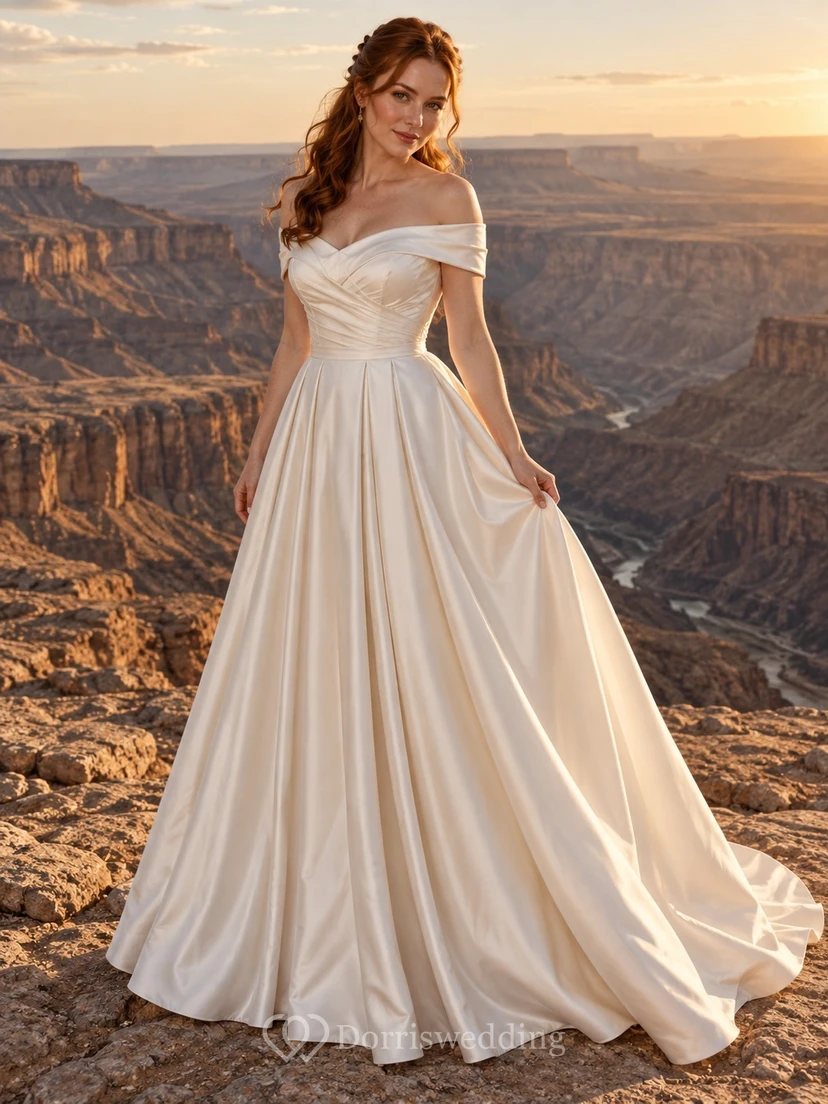 Vestido de novia sencillo de satén con escote Bardot, corte en A, cintura plisada y largo hasta el suelo.