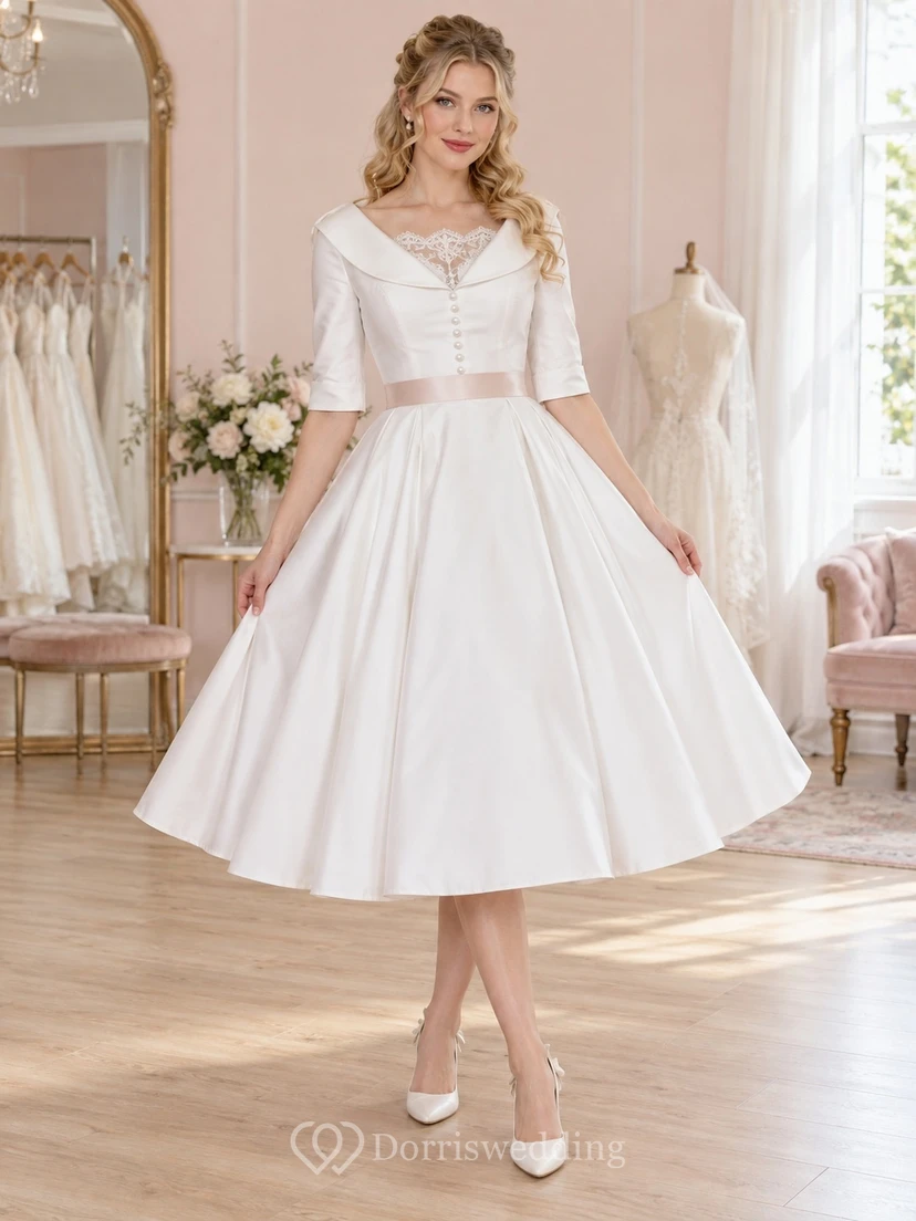Rockabilly-Hochzeitskleid mit Porträtkragen, halben Ärmeln, Knopfleiste am Rücken, Teelänge und A-Linie