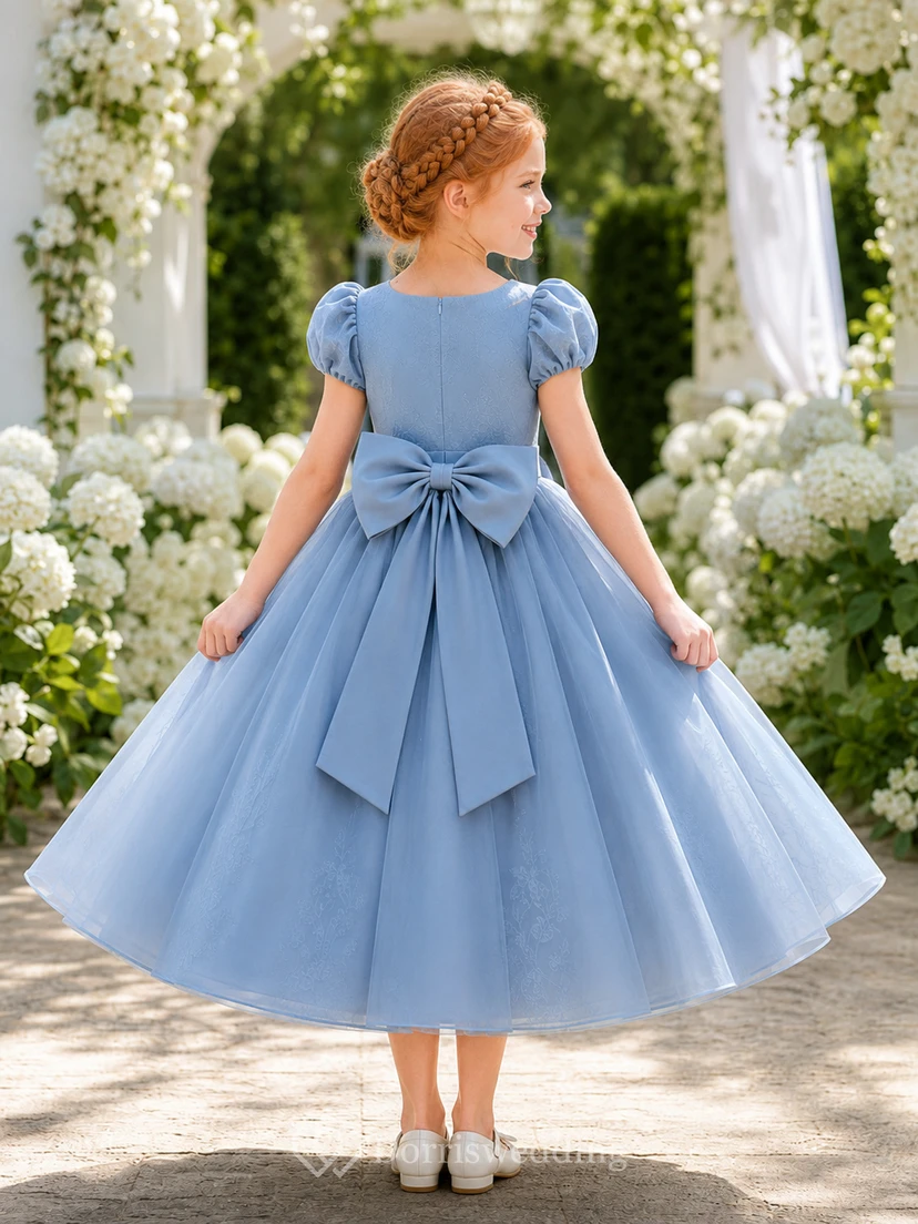 Romantic A-Line Flower Girl Dress with Jewel Neck Puff Sleeves Steel Blue Satin Front Bow Garden Ceremony view 2
