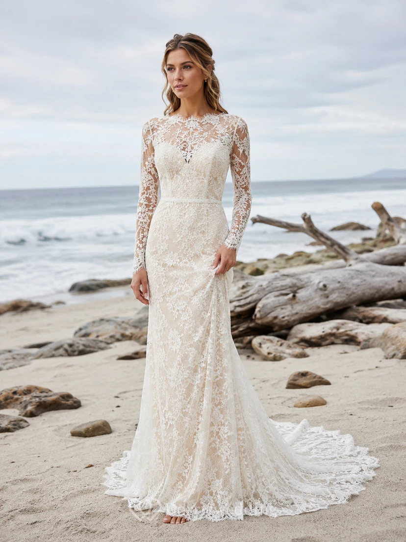 Robe de mariée sirène spectaculaire en dentelle à col montant et manches longues illusion avec traîne chapelle