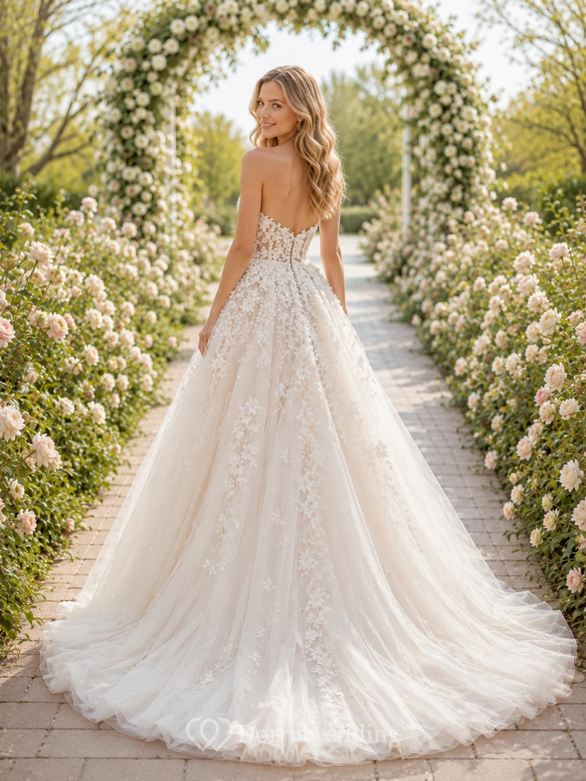 A-Linien-Brautkleid mit floralen 3D-Applikationen aus Tüll view 2