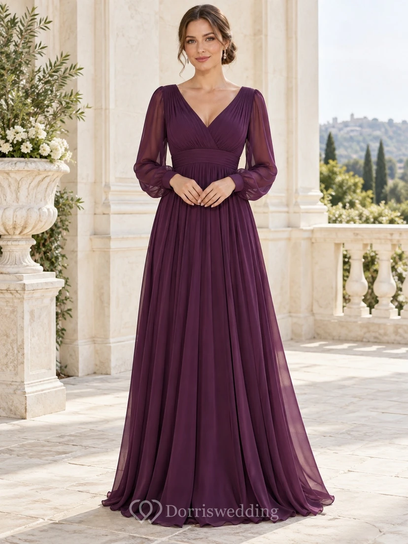 Vestido de noche formal de gasa color ciruela con escote en V, mangas largas estilo obispo, cintura fruncida y falda plisada hasta el suelo.