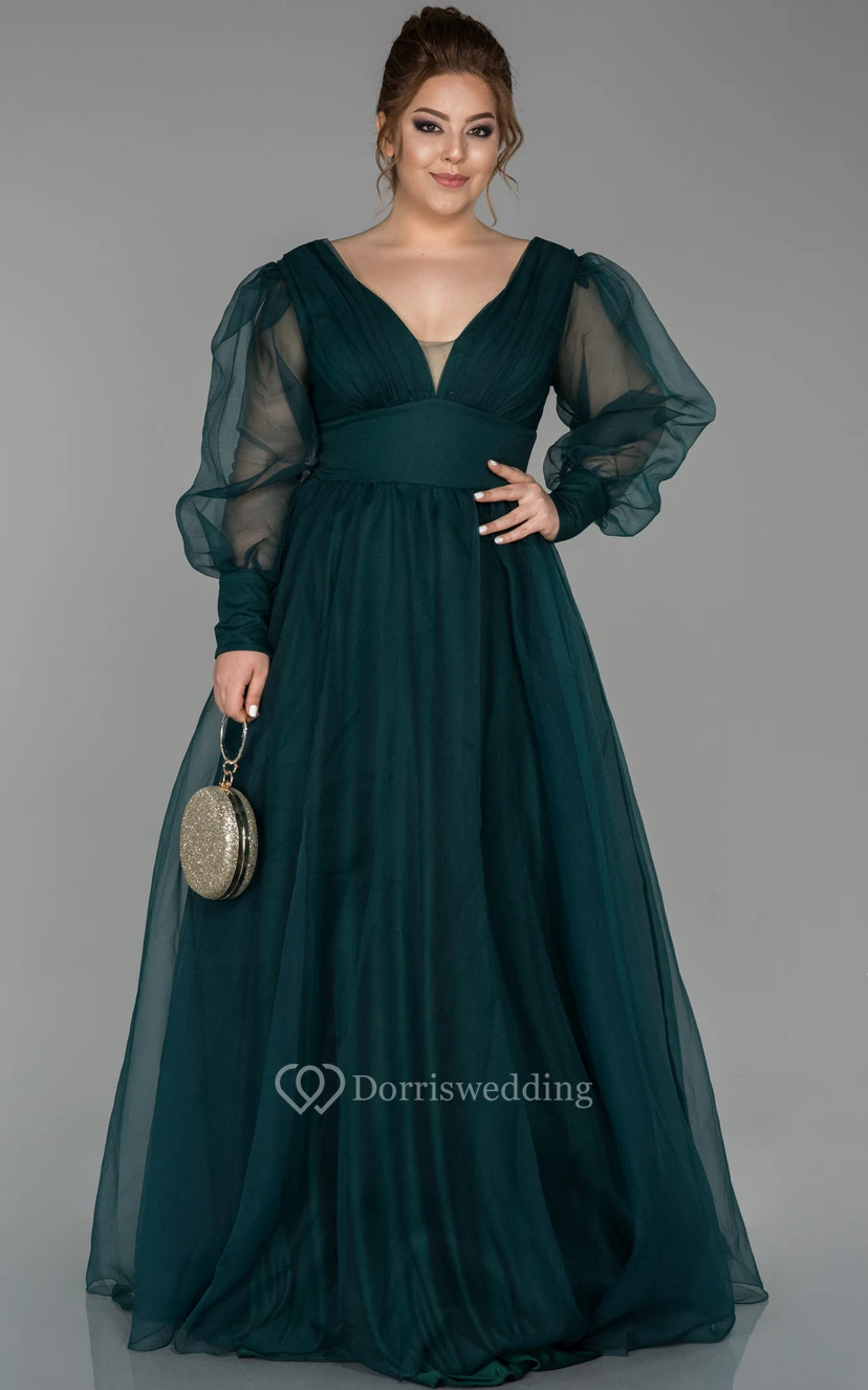 V-neck Puff-sleeve Pleated Empire A-line Evening Plus Size Dress with V Back view 7