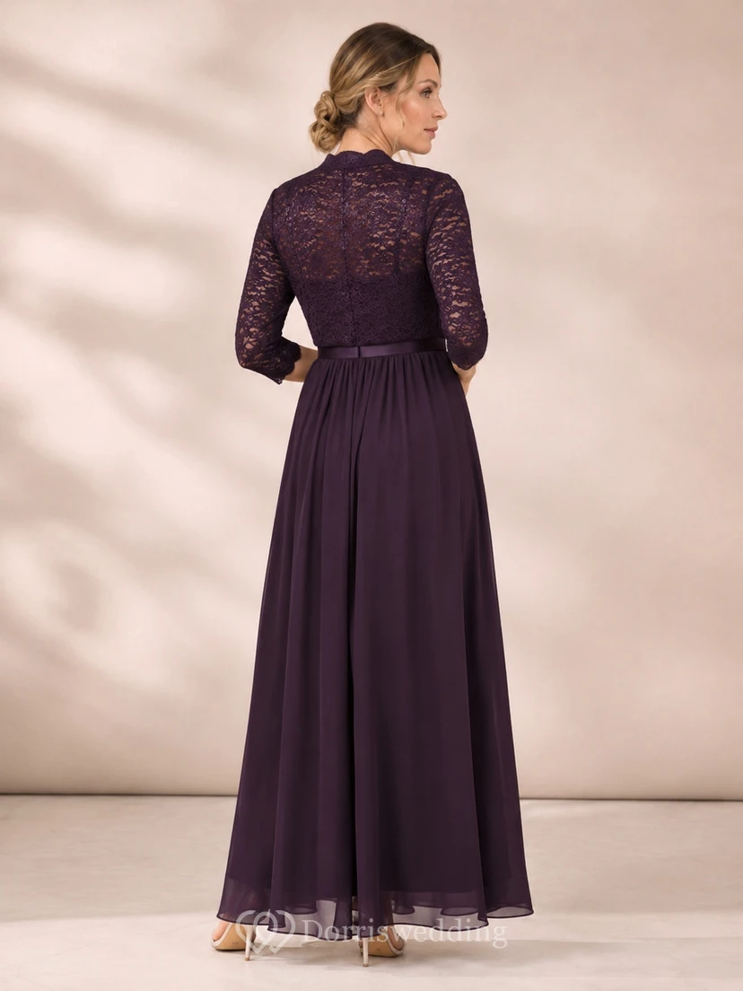 Modest Plum Lace Bolero Scoop Chiffon A-Line Floor-Length Mother Gown view 2