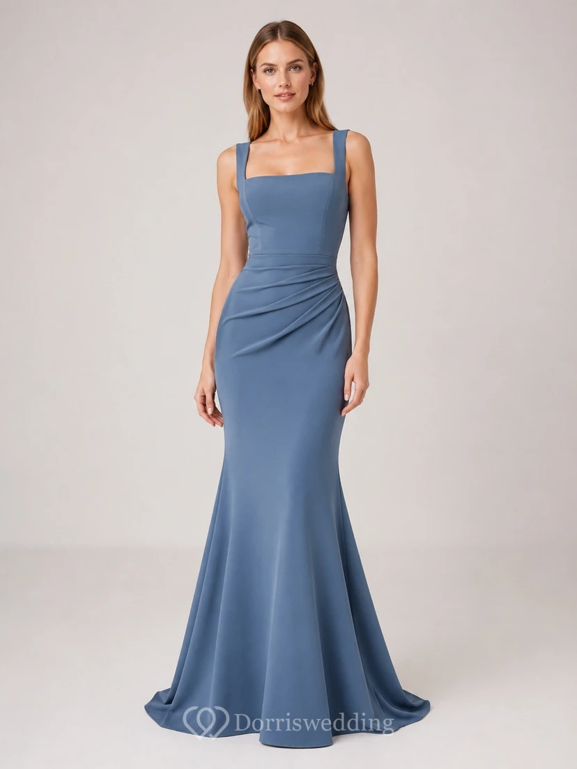 Robe de bal sirène sans manches à col carré en satin stretch bleu acier, longueur au sol, col carré