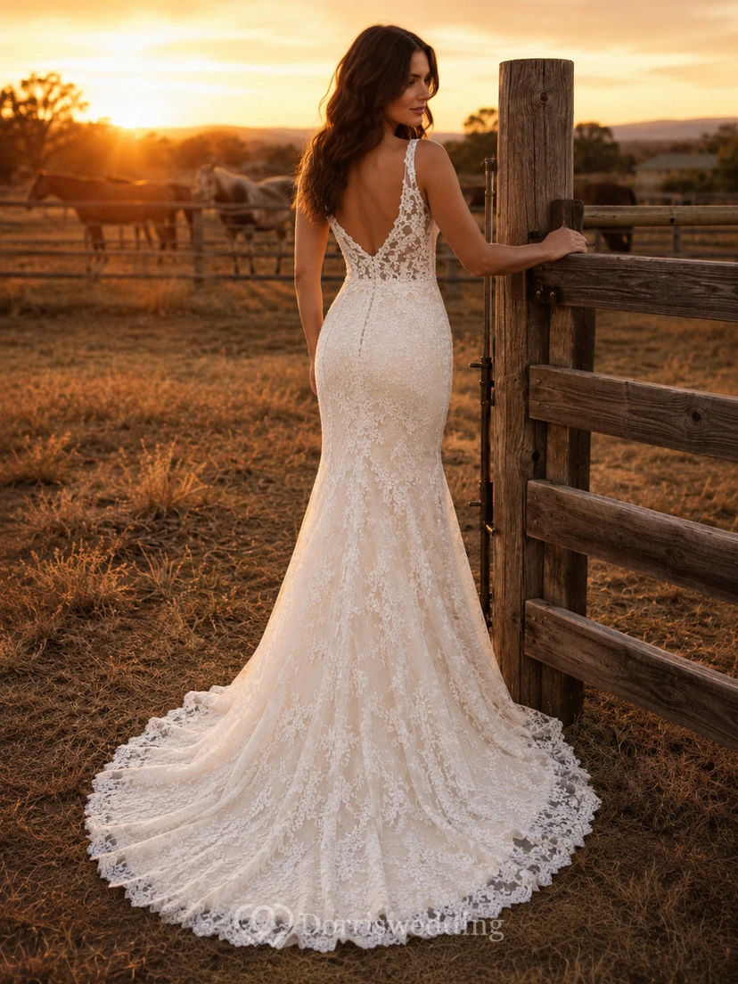 Plunging V Neck Lace Mermaid Ranch Bridal Gown view 2