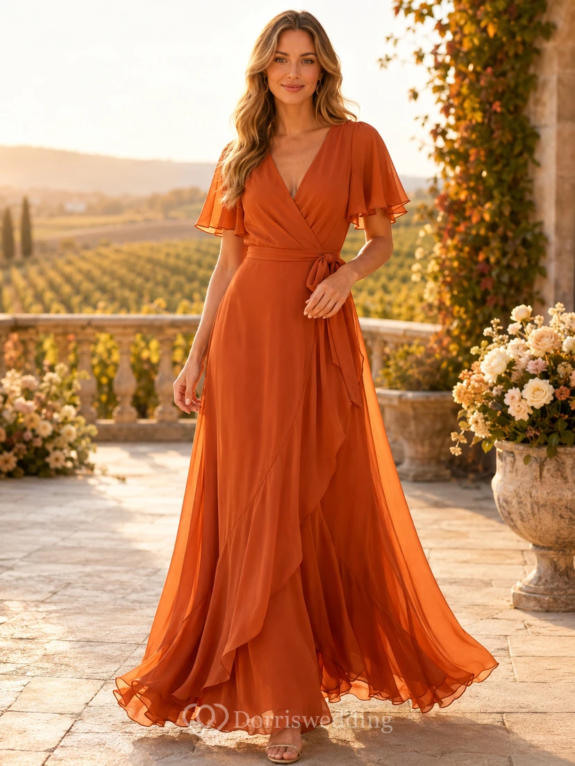 Burnt Orange V Neck Flutter Sleeve Chiffon Floor Guest Dress