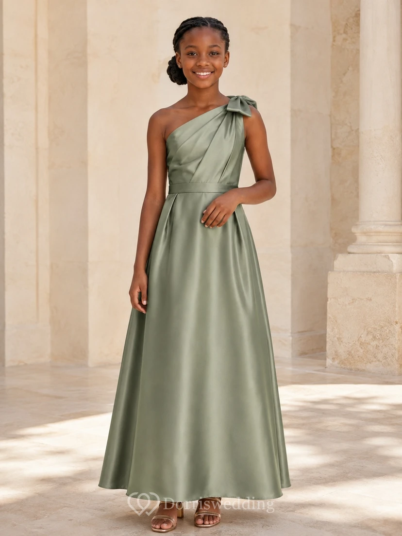 Eukalyptusfarbenes Brautjungfernkleid für junge Damen, A-Linie, One-Shoulder, ärmellos, Satin, gerafft, modern, formell