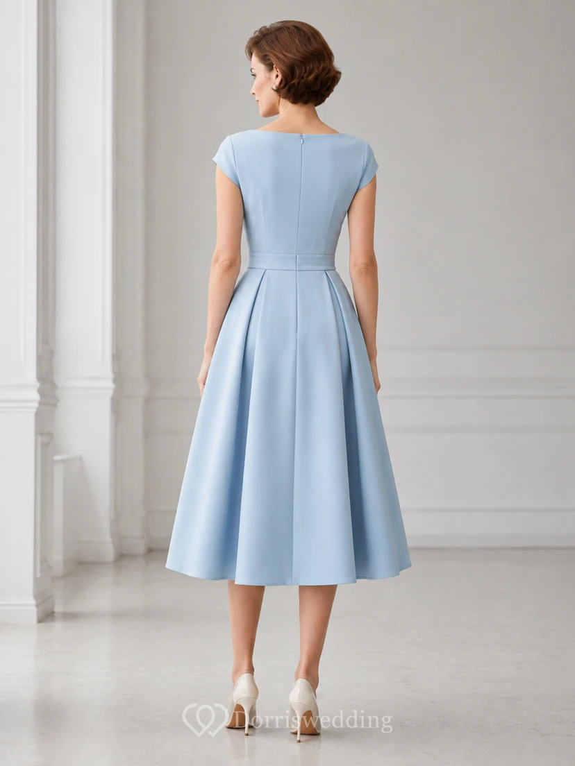 Powder Poise Sky Blue A-Line Tea-Length Bateau Short-Sleeve Satin Vintage Guest Dress view 2