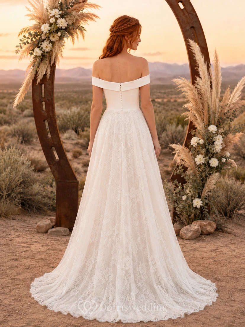Robe de mariée trapèze en dentelle à épaules dénudées style western rustique view 2