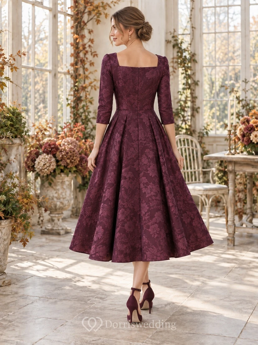 Vestido de invitada de tafetán de largo midi con estampado floral jacquard burdeos y mangas tres cuartos view 2