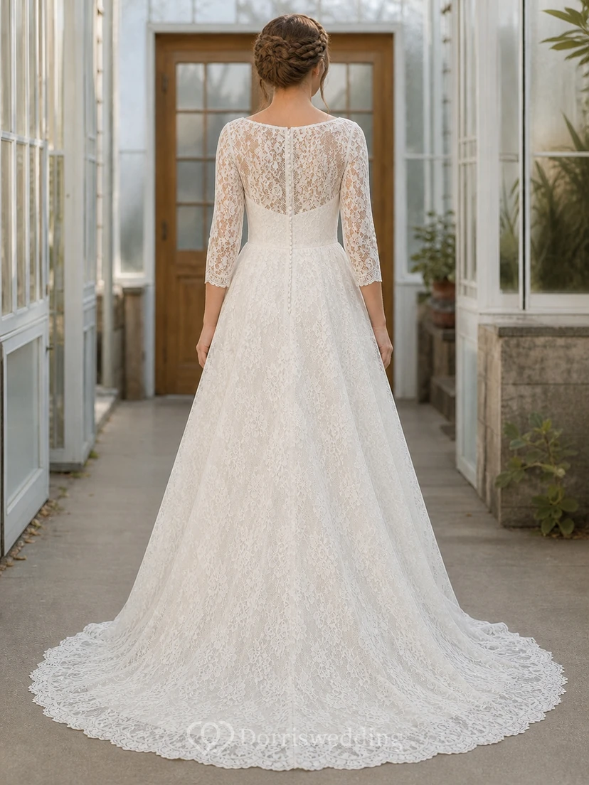 Vestido de novia sencillo, de corte A, con escote barco y mangas tres cuartos, estampado floral y largo hasta el suelo. view 2