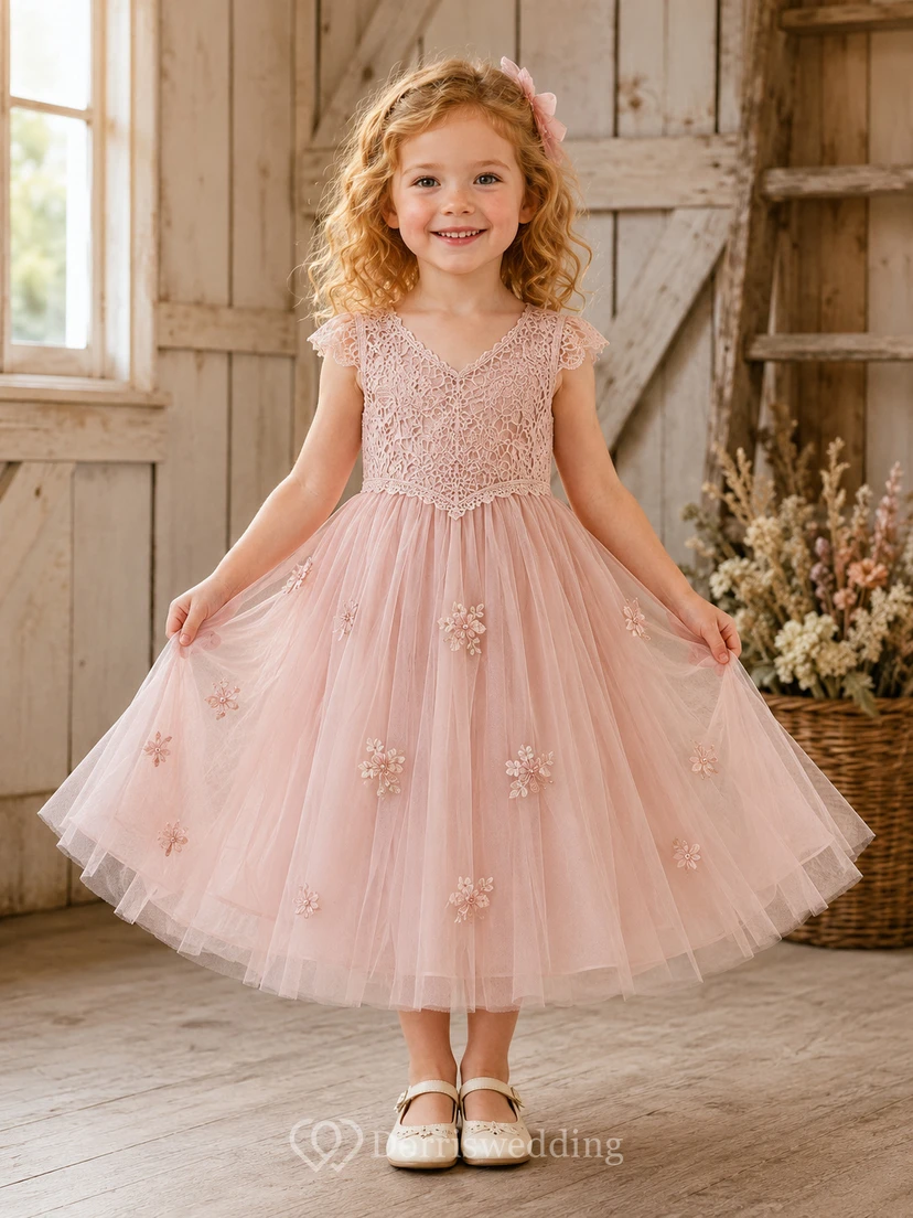 Flower Girl Dress Blush Lace Tulle A-Line Scoop Neck Tea Length