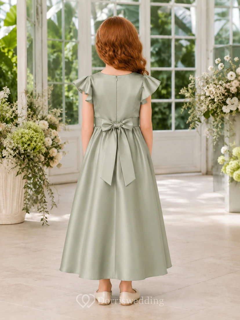 Salbeigrünes Satin-Blumenmädchenkleid mit Volantärmeln view 2