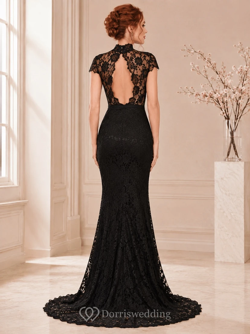 Black High Neck Short Sleeve Lace Mermaid Sweep Train Formal Gown view 2