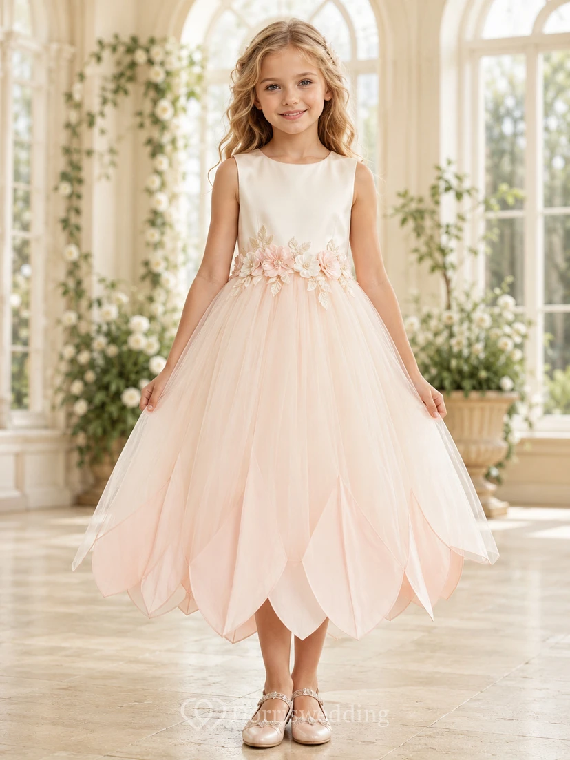 Blush Petal Hem Flower Girl Gown with Sleeveless Tulle A-Line, Floral Waist Applique, Sculpted Skirt, and Tea-Length Finish