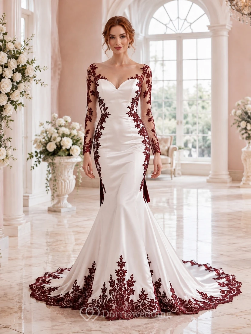 Elegantes Brautkleid aus burgunderroter Spitze mit langen Ärmeln, herzförmigem Ausschnitt, Meerjungfrauen-Schleppe und Hofschleppe