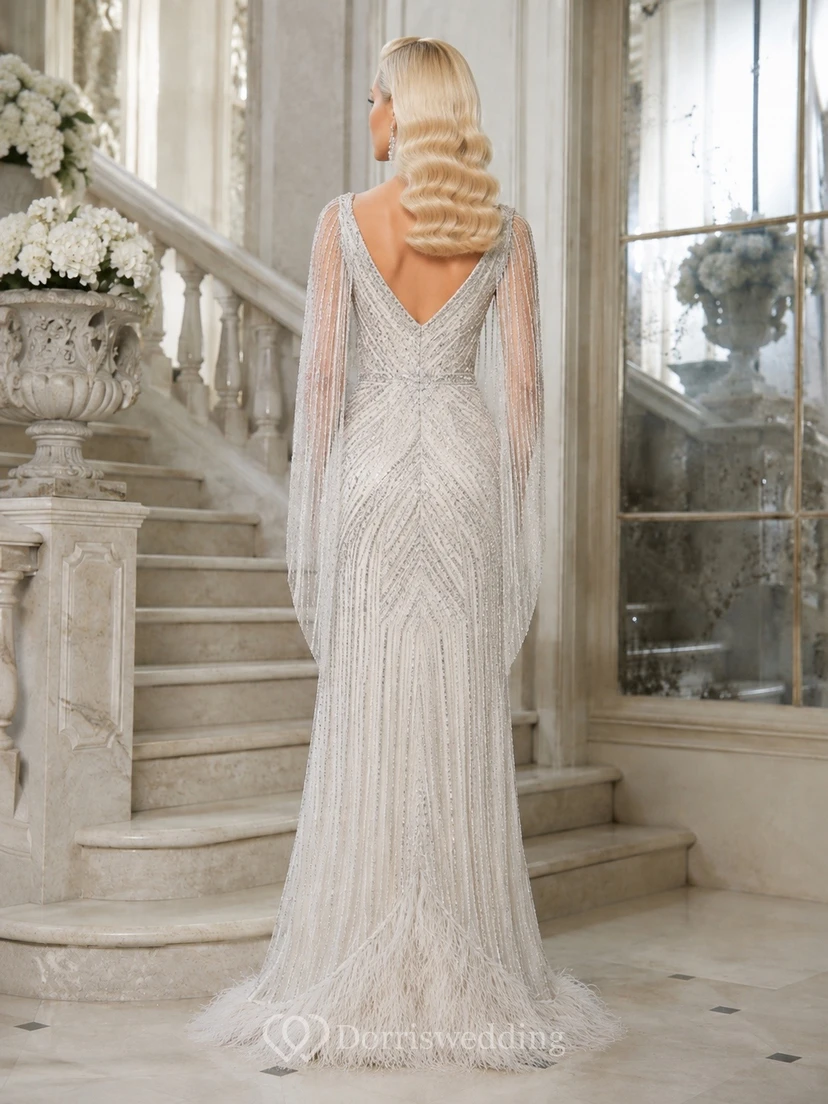 Silver Cowl Neck Sleeveless Sequin Fringe Floor Length Evening Dress view 2