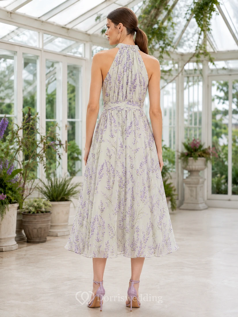 Lavender Field Print Halter Neck Garden Midi Dress view 2