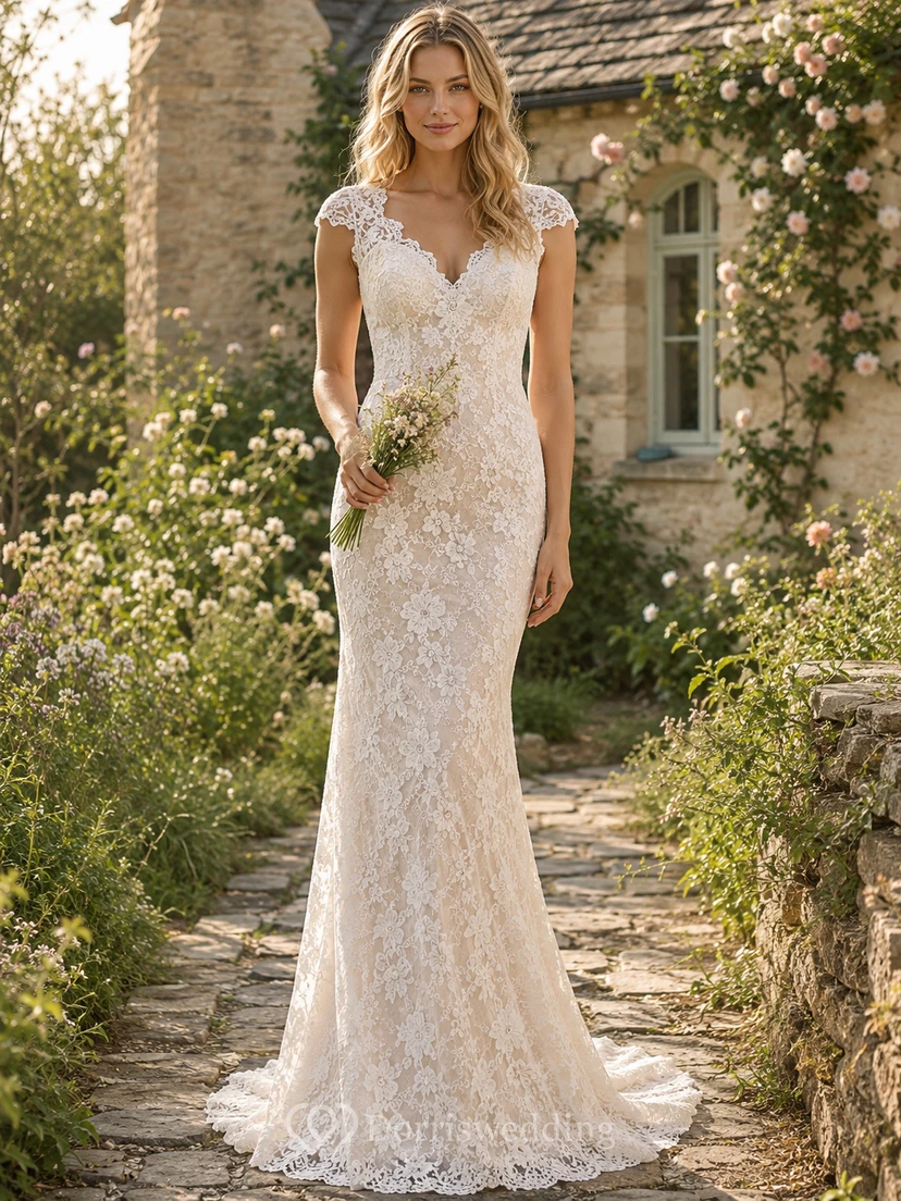 Etuikleid mit floraler Spitze, kurzen Ärmeln, für eine romantische Hochzeit im Landhausstil
