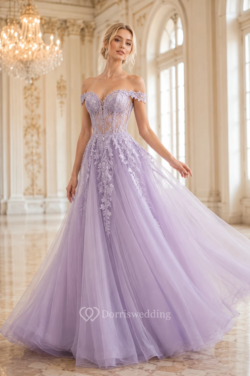 Lavendelfarbenes schulterfreies Tüll-Ballkleid mit Spitzenapplikationen für Quinceañera und Abschlussball