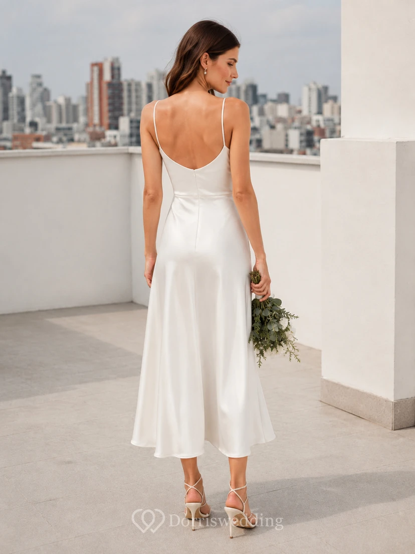 Elegant Civil Satin Sheath Cowl Spaghetti Asymmetric Midi Wedding Dress view 2