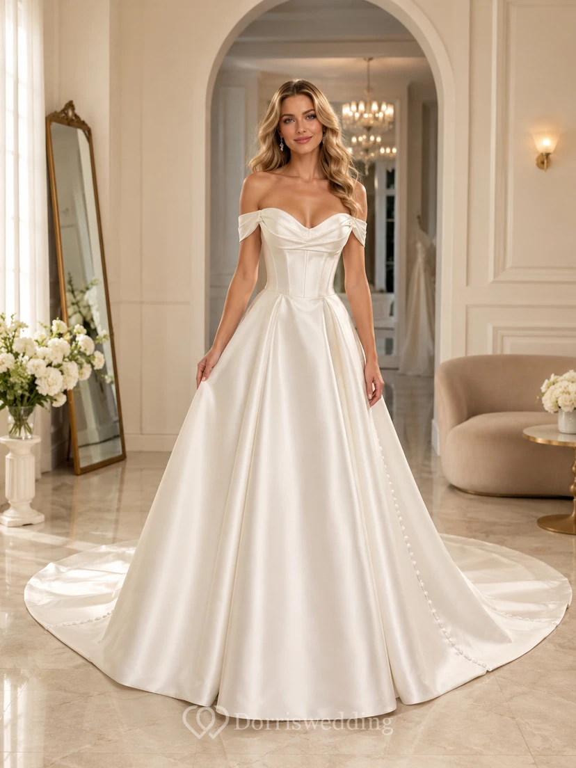 Robe de bal en satin à épaules dénudées, traîne cathédrale, boutonnière