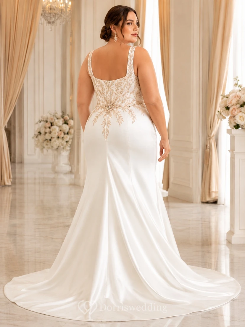 Elegantes, bodenlanges Brautkleid in Roségold in Übergröße mit Spitze und Schleppe