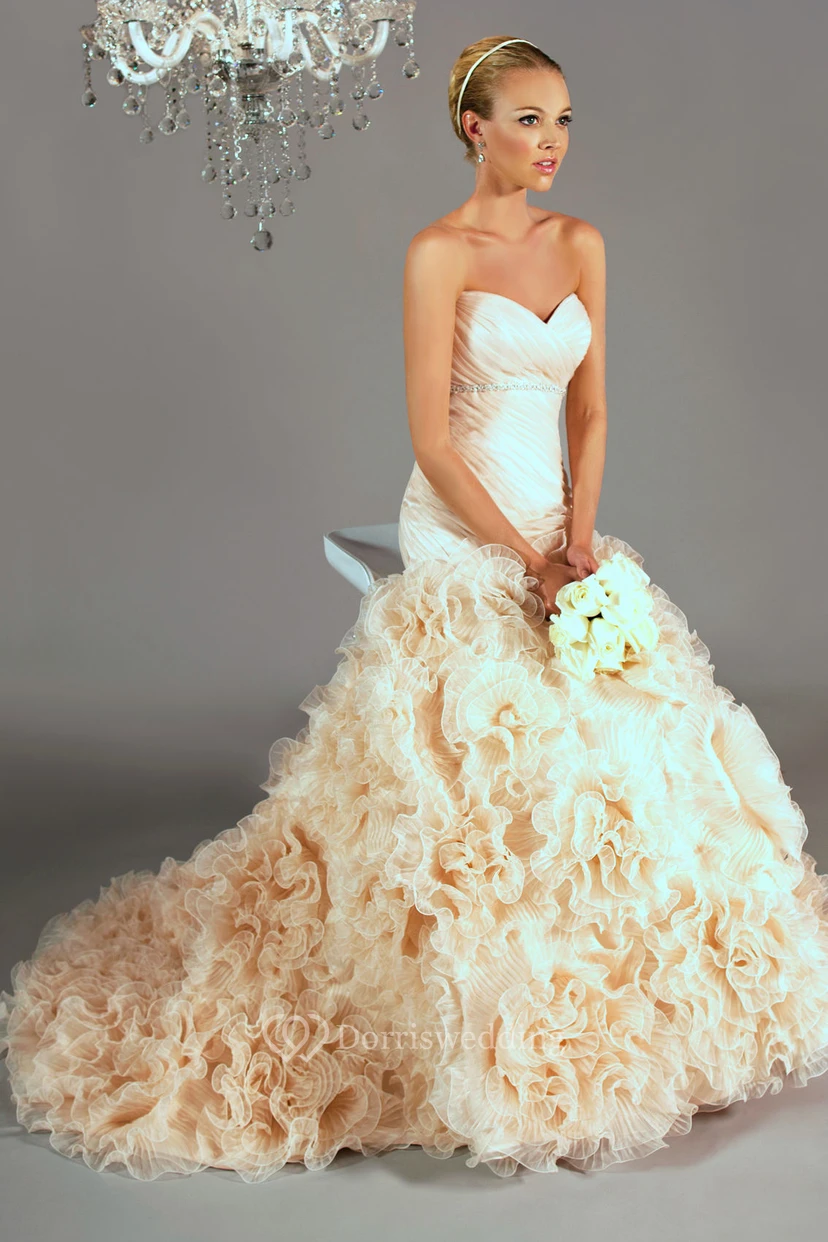 A-Line Sweetheart Jeweled Organza Wedding Dress With Criss Cross And Ruffles view 3