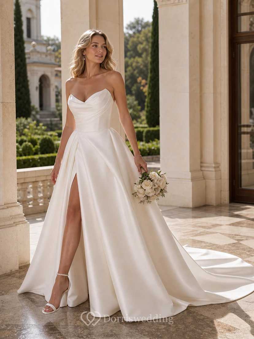 Elegantes Brautkleid aus Satin mit herzförmigem Ausschnitt, gekreuzten Trägern und Empire-Ausschnitt sowie vorderem Schlitz view 5