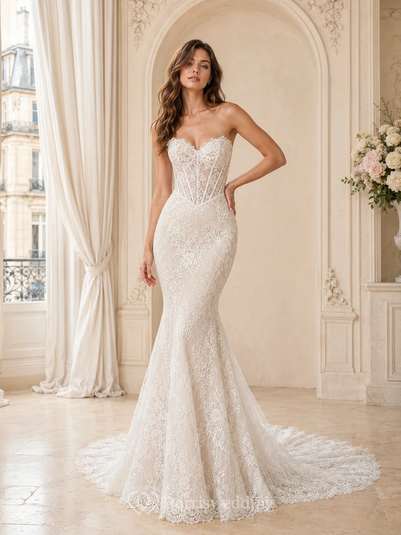 Meerjungfrauen-Brautkleid mit Spitze und Schleppe, festlich