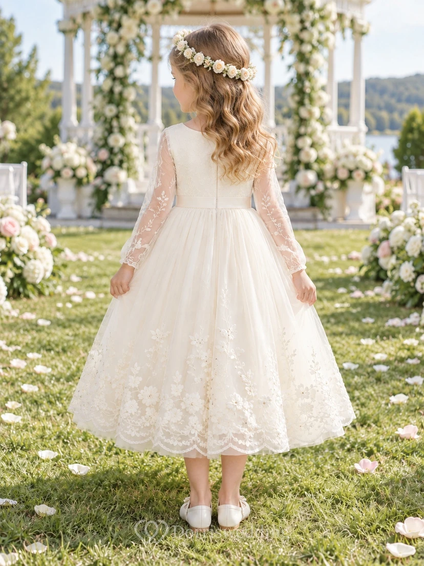 Teelanges, langärmeliges, elfenbeinfarbenes A-Linien-Kleid mit floraler Spitze, Tüll und Muschelsaum für Blumenmädchen view 2