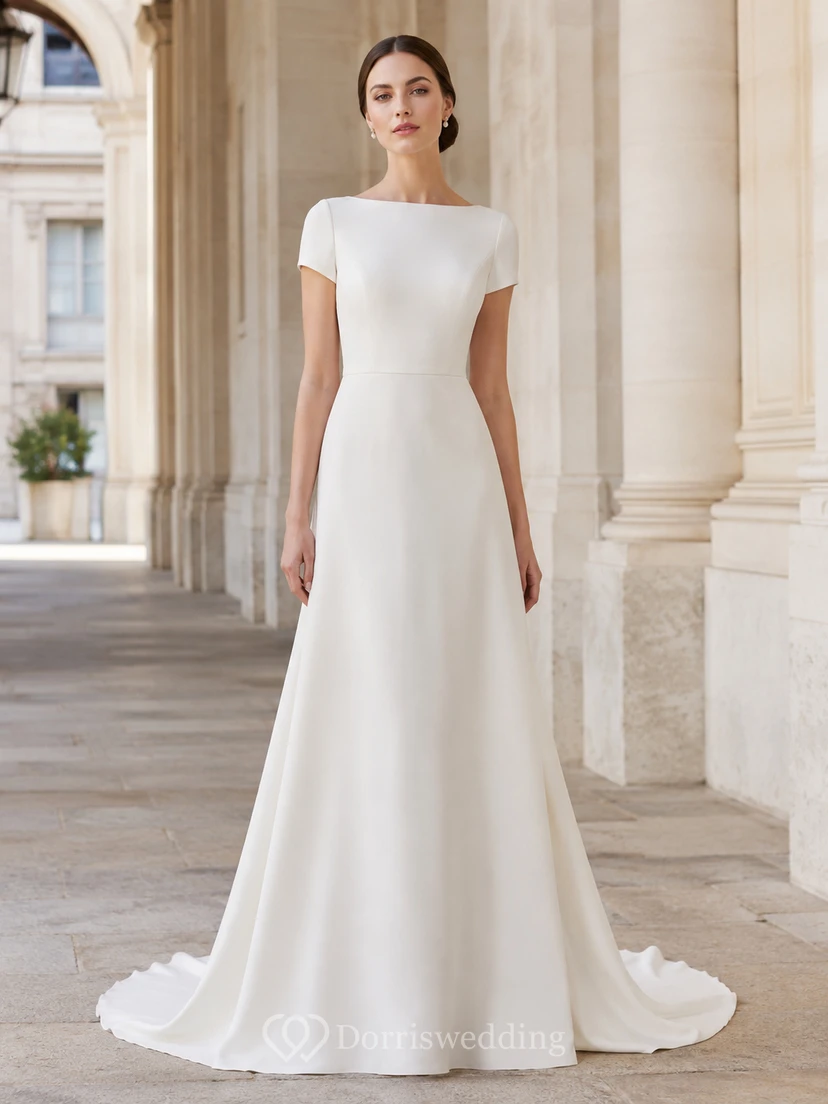 Robe de mariée simple, longue jusqu'au sol, en satin, à manches courtes et fourreau, style modeste, avec encolure bateau.