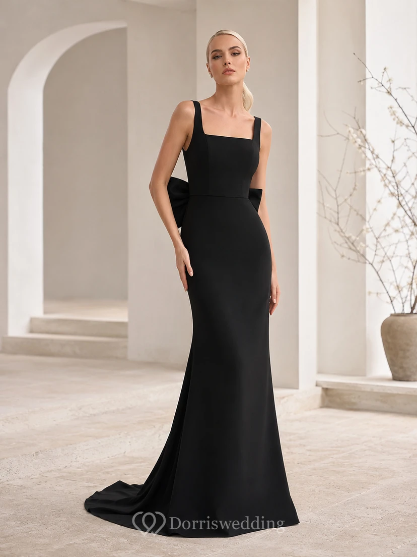 Modern Black Square Neck Sleeveless Bow Back Satin Sheath Sweep Train Wedding Dress