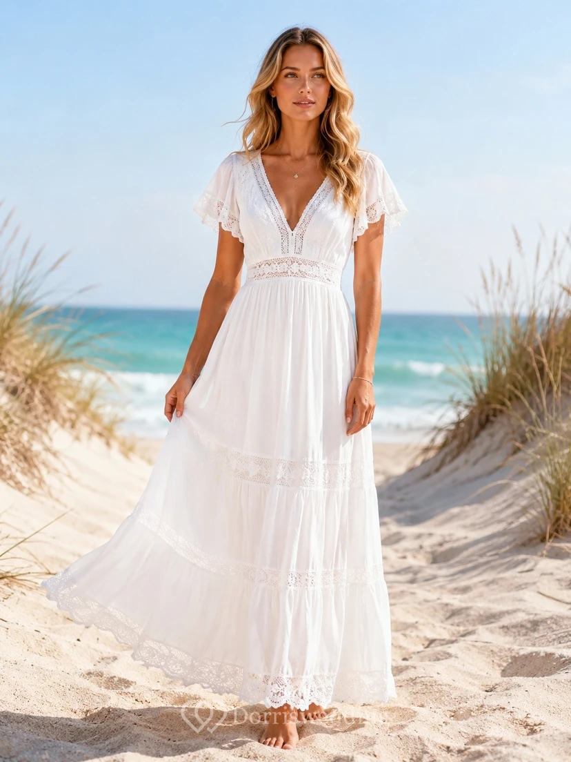 Boho Short Sleeve Beach White V-Neck Tiered Maxi Dress