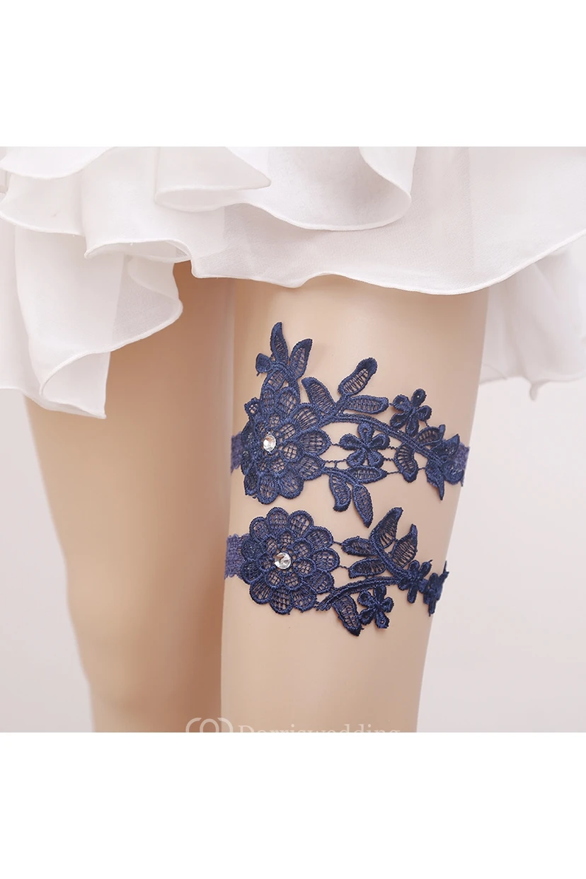 Original Handmade Beaded Blue Lace Princess Style Elastic Garter Belt Within 16-23inch