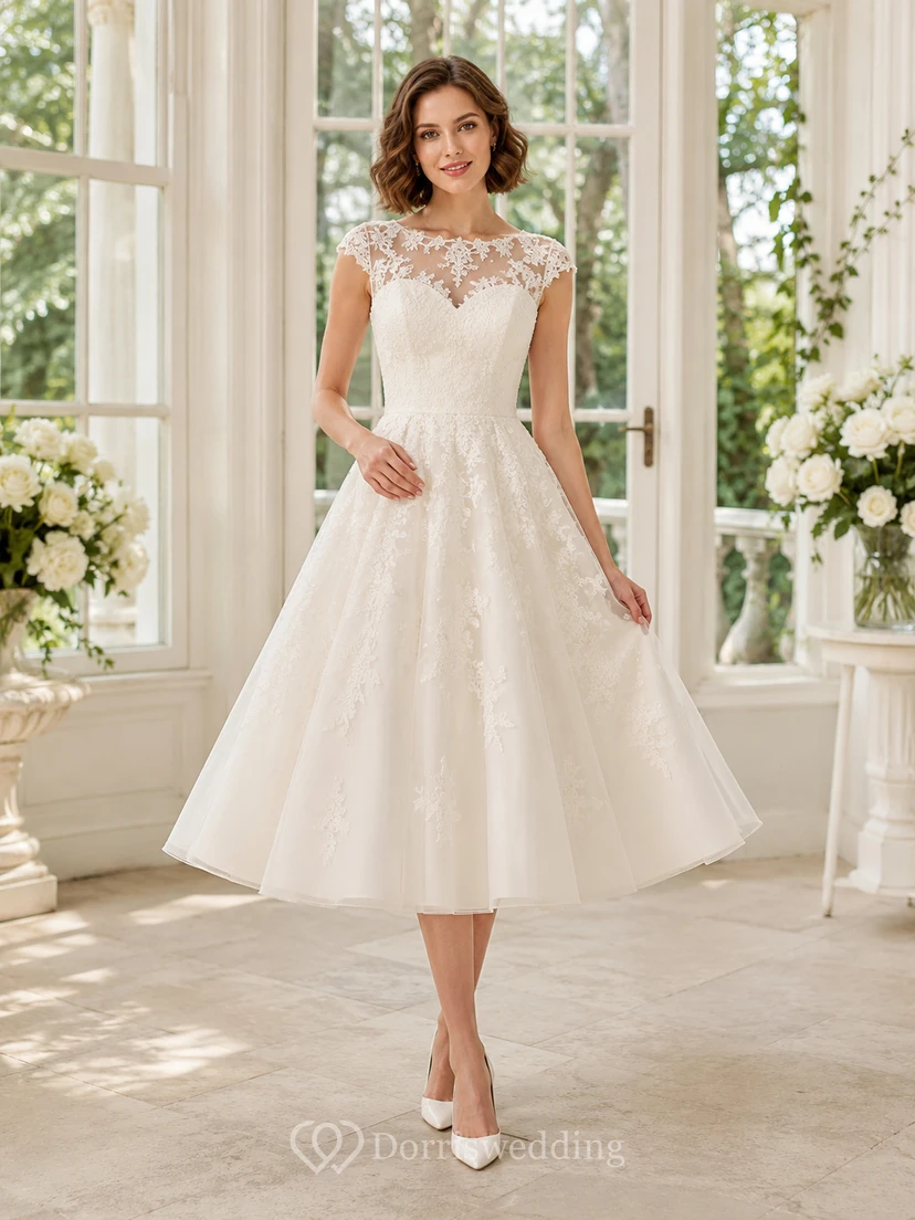 Vestido de novia clásico vintage británico de encaje con mangas cortas y escote barco hasta la rodilla