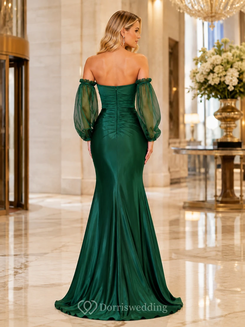 Dark Green Off Shoulder Detachable Sleeve Satin Evening Dress view 2