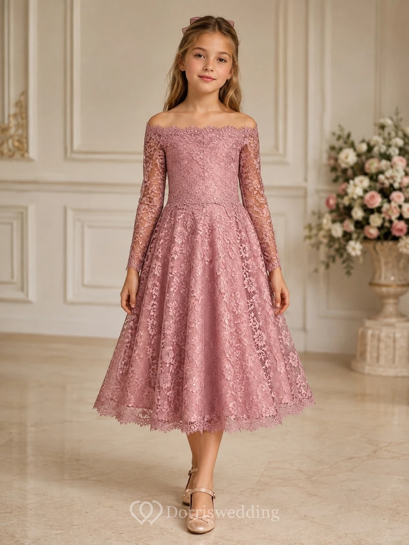 Dusty Rose Romantic Off-Shoulder Lace-Tulle Long-Sleeve A-Line Tea-Length Dress