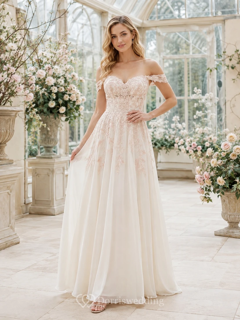Blush Tulle Off Shoulder Short Sleeve A-Line Floor Length Romantic Bridal Dress