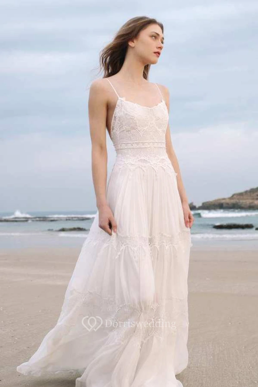 Spaghetti-ärmelloses Chiffon-Strand-Boho-Hochzeitskleid view 3