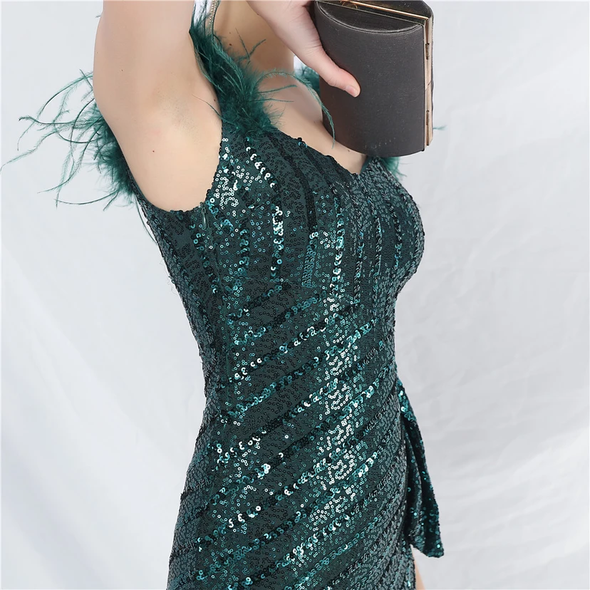 Evening Dress Craft Beaded Ostrich Feather Sequined Side Slit Evening Dress view 36