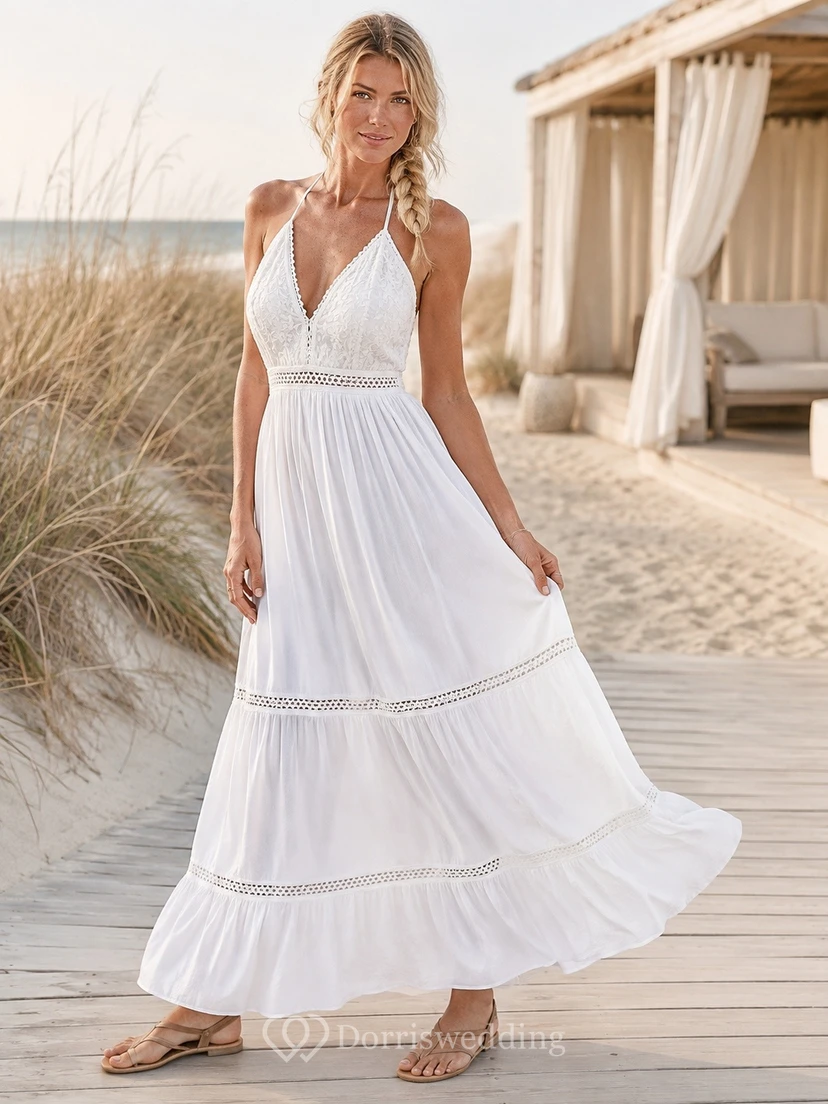 Bohemian White Halter Sleeveless Chiffon A-Line Tiered Floor-length Dress